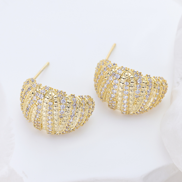 Women S925 Silver Statement Earrings 3A CZ Pave Spiral Curved Chunky Stud Earrings