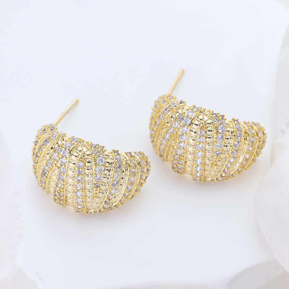 Women S925 Silver Statement Earrings 3A CZ Pave Spiral Curved Chunky Stud Earrings