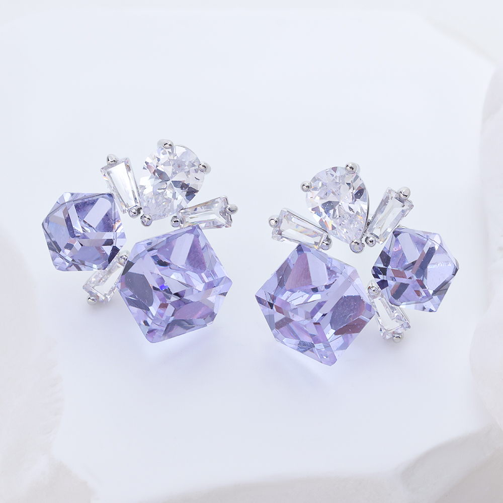 S925 Sterling Silver Rhodium Plated Square Amethyst & Pear Cut CZ Statement Stud Earrings