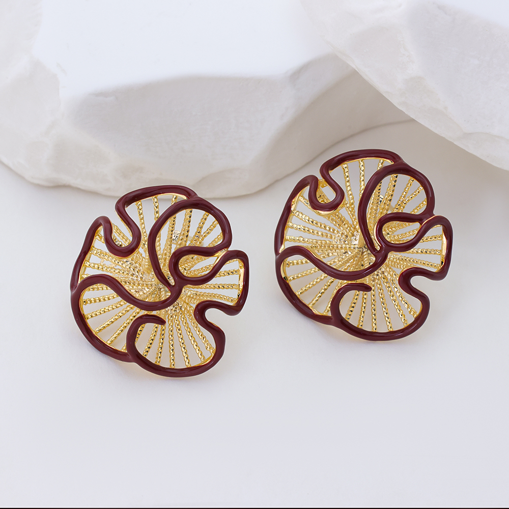 14K Gold Plated S925 Sterling Silver Pearl Flower Stud Earrings,Red Enamel Border Textured Floral Statement Earrings for Women
