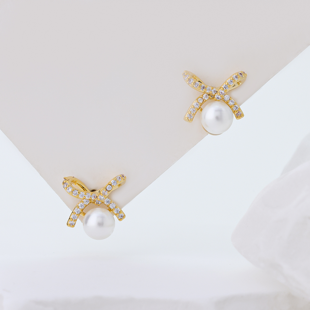 14K Yellow Gold Plated S925 Sterling Silver Bow Pearl Stud Earrings, 3A Cubic Zirconia Bowknot Pearl Dainty Earrings for Women