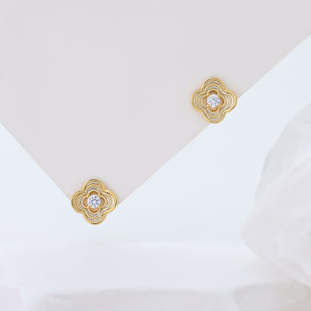 14K Gold Plated Sterling Silver Clover Stud Earrings, Dainty Four Leaf Clover Earrings with Clear Cubic Zirconia, Minimalist Lucky Jewelry Gift for Women Girls