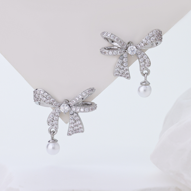 Sterling Silver Bowknot Stud Earrings for Women, 3A Cubic Zirconia Bow Dangle Pearl Drop Earrings Elegant Wedding Bridal Jewelry Gift