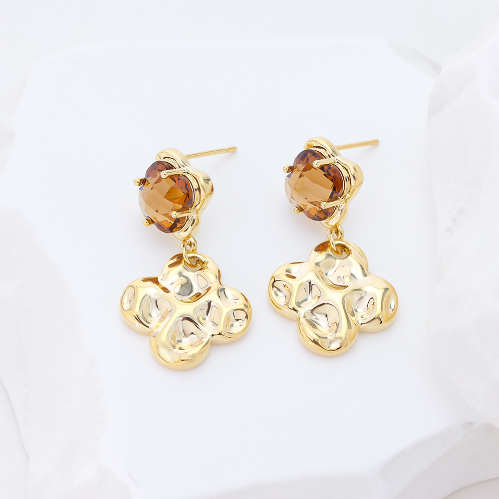 14K Gold Plated Sterling Silver Dangle Earrings, Brown Cubic Zirconia Textured Clover Drop Earrings, Vintage Four Leaf Clover Jewelry Gift for Women