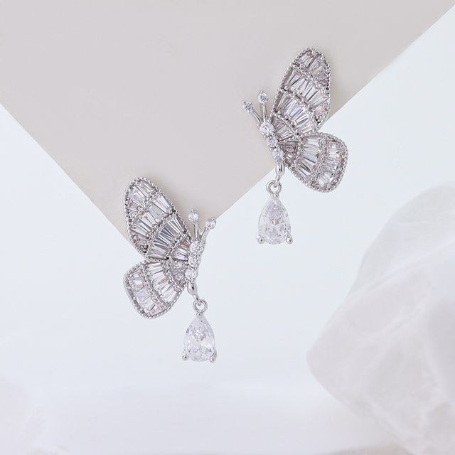 925 Sterling Silver Butterfly Drop Earrings with Tapered Baguette & Pear Cut Cubic Zirconia, Dainty CZ Butterfly Dangle Earrings for Women, Hypoallergenic Bridal Wedding Jewelry Gift