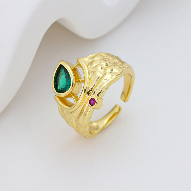Gold Plated Sterling Silver Zircon Ring with Emerald Cut Green Stone & Pink Accent – Adjustable Open Design