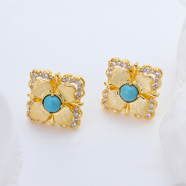 14K Gold Plated Four Leaf Clover Stud Earrings for Women, Vintage Square Synthetic Turquoise Earrings Inlaid 3A Cubic Zirconia, Elegant Lucky Flower Fashion Jewelry