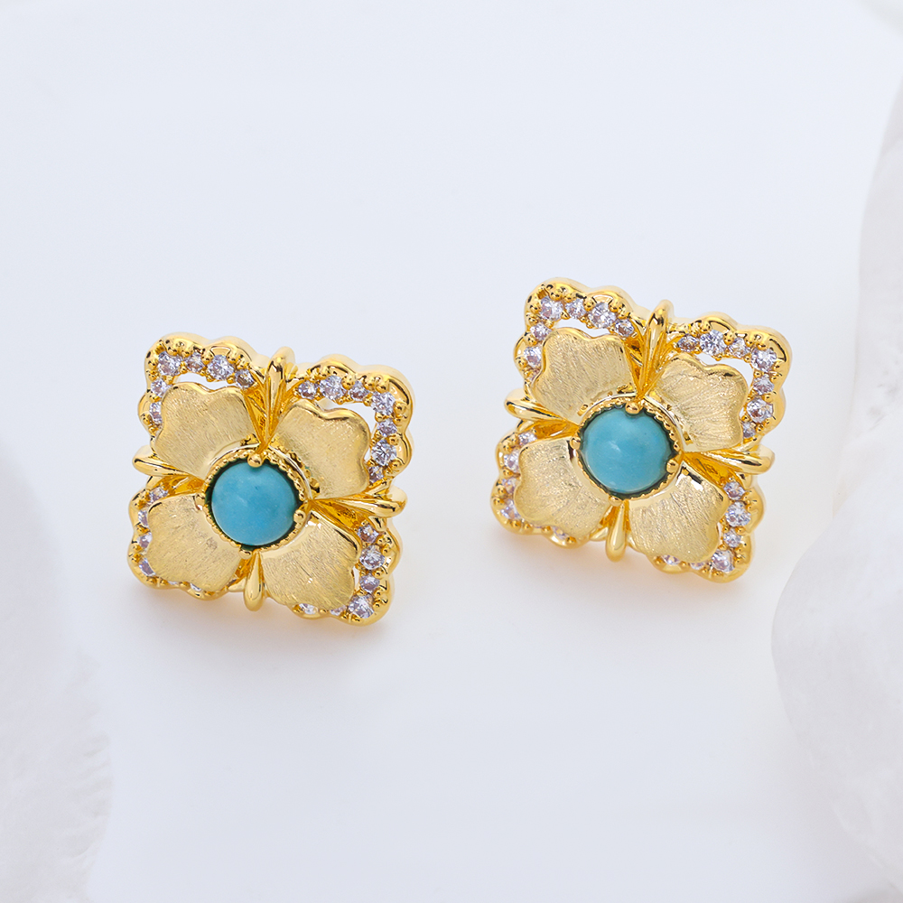 14K Gold Plated Four Leaf Clover Stud Earrings for Women, Vintage Square Synthetic Turquoise Earrings Inlaid 3A Cubic Zirconia, Elegant Lucky Flower Fashion Jewelry