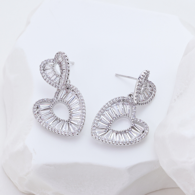 Double Heart Drop Earrings, 925 Sterling Silver Sparkling Cubic Zirconia Paved Hollow Heart Dangle Earrings for Women Romantic Valentine Jewelry Gift
