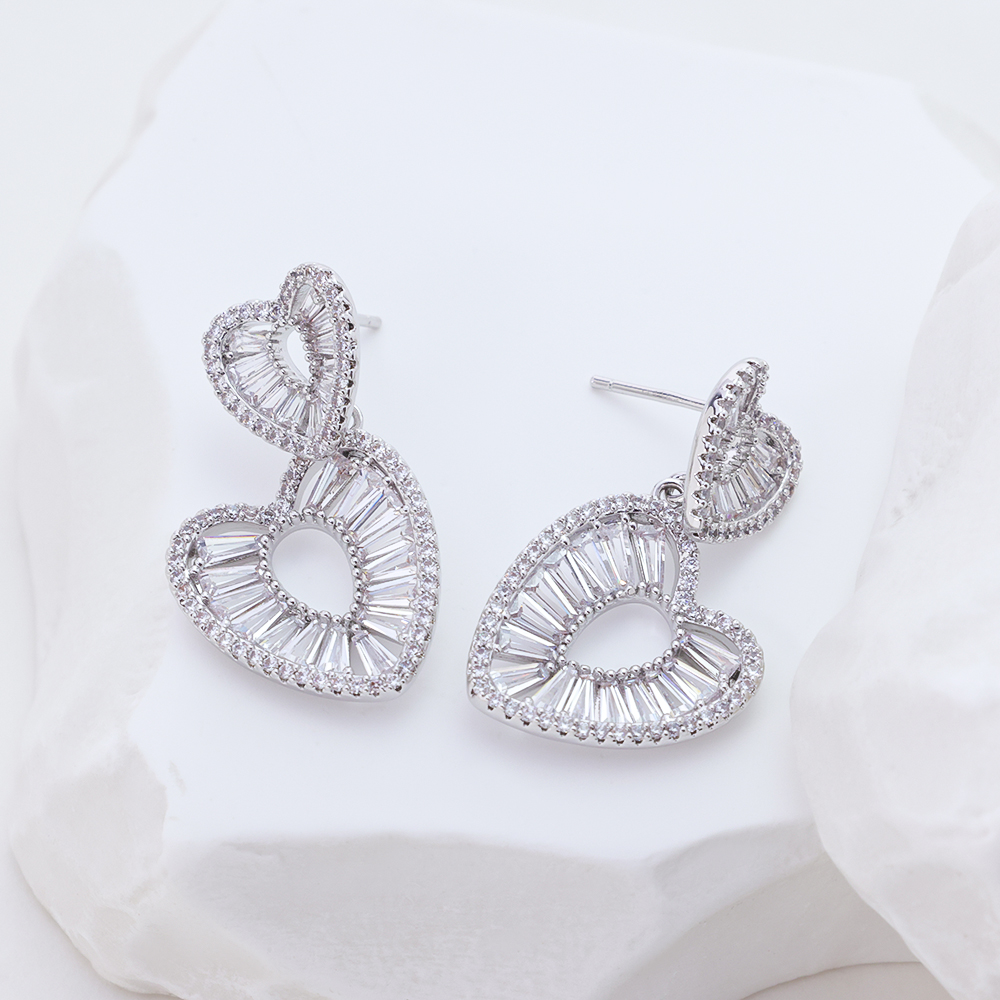 Double Heart Drop Earrings, 925 Sterling Silver Sparkling Cubic Zirconia Paved Hollow Heart Dangle Earrings for Women Romantic Valentine Jewelry Gift