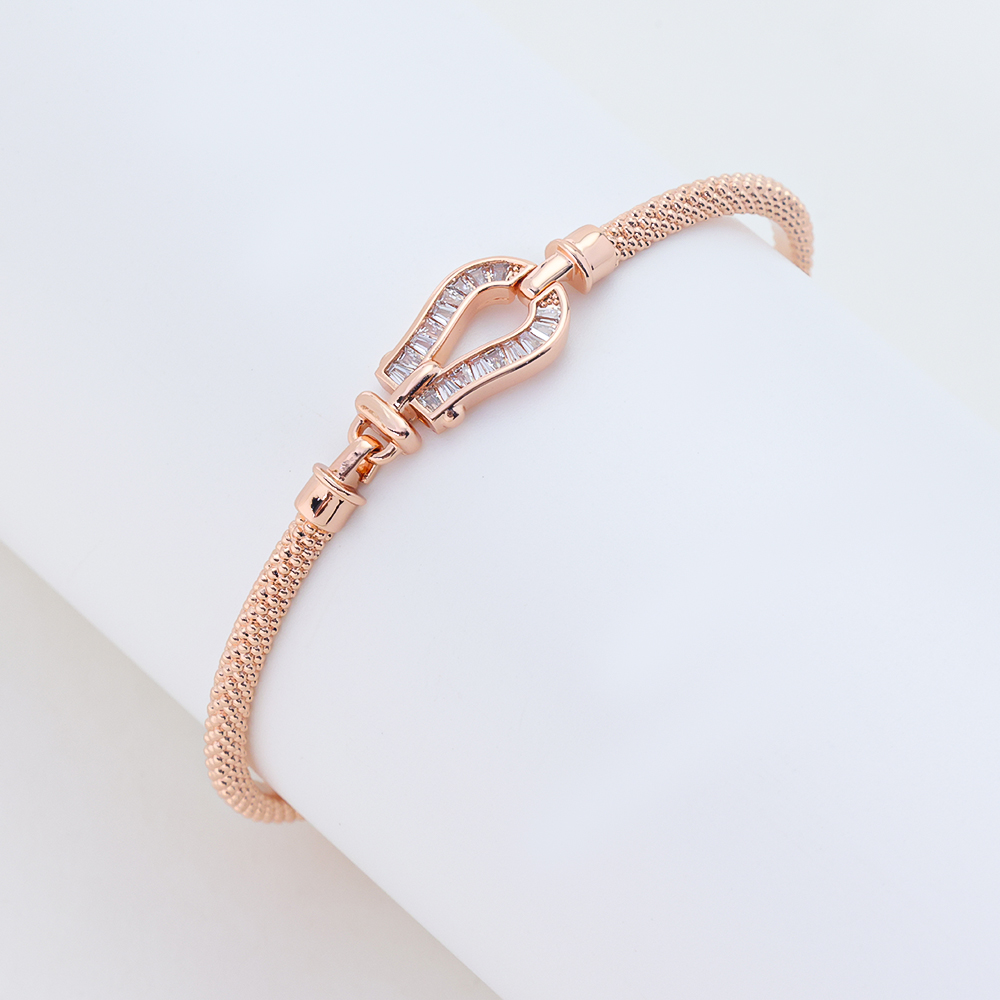 Rose Gold Baguette Zirconia Mesh Chain Bracelet with Geometric Lock Clasp