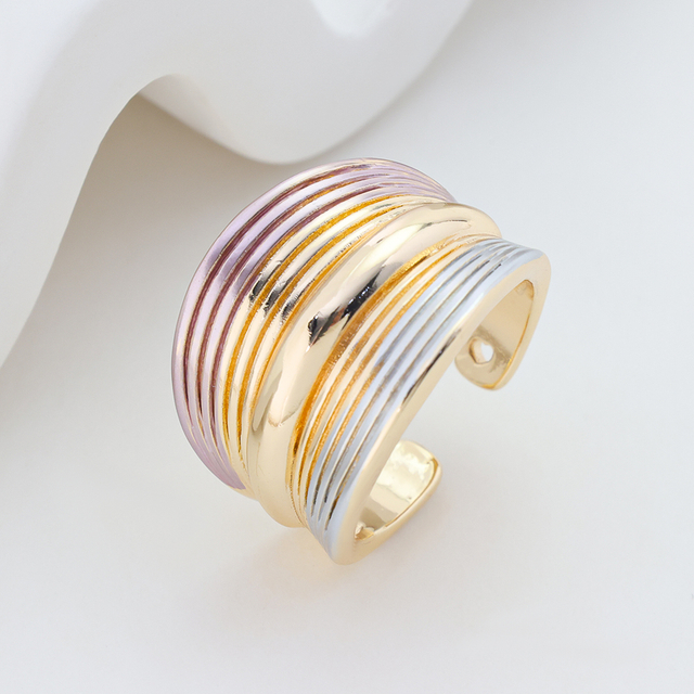 Multicolor Enamel Layered Open Cuff Ring, 18K Gold Plated Stackable Statement Ring with Silver & Pink Spray Painted Stripes, Adjustable Wide Band Fashion Jewelry Ring