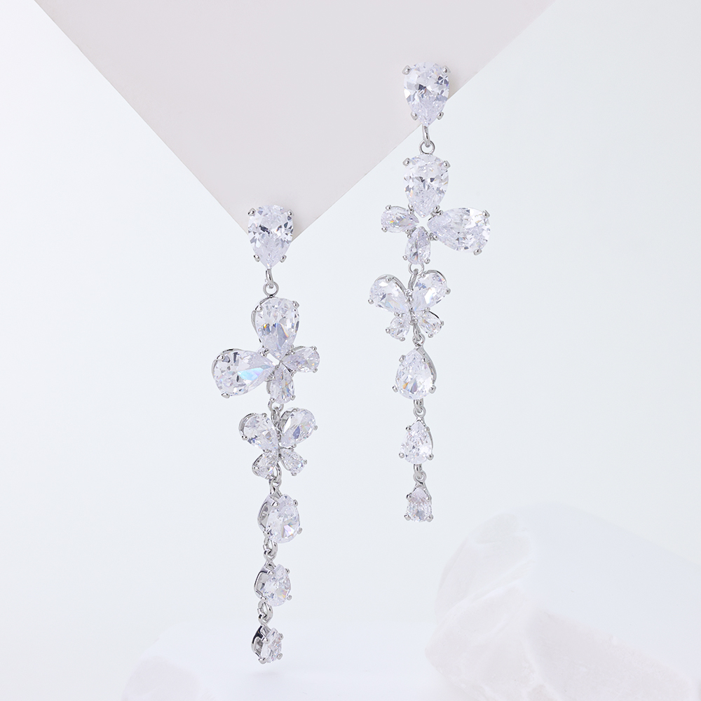 Long Water Drop Zircon Earrings, Dangle Flower Shape Bridal Earrings, Cubic Zirconia Statement Jewelry for Women
