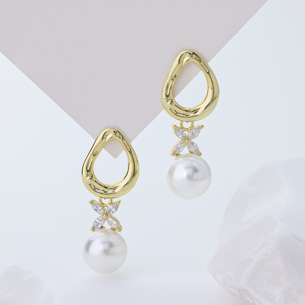 Extended Title: Irregular Hollow Gold Hoop with Rhinestone Bow Accent & Round White Pearl Drop Dangle Earrings for Women Elegant Daily Wedding Jewelry
