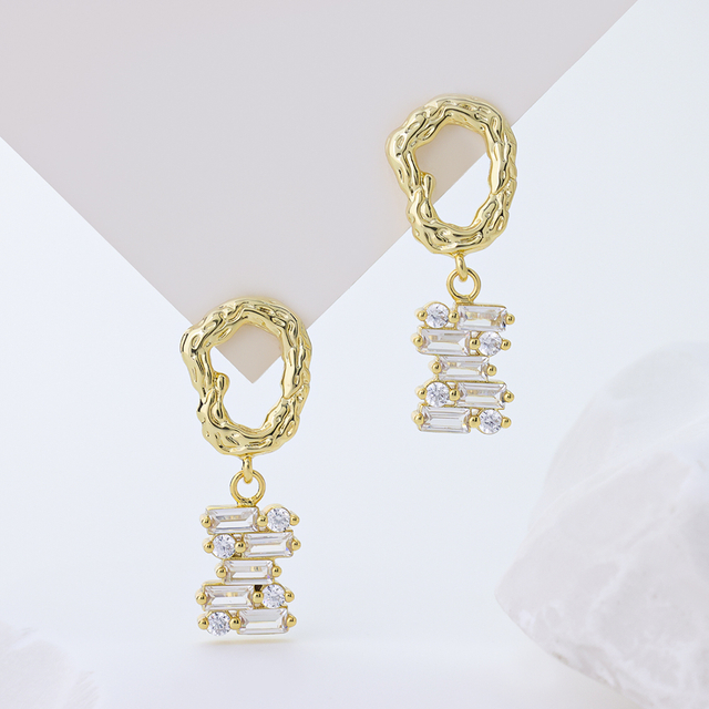 925 Sterling Silver Gold-Plated Textured Hoop Earrings with Geometric Baguette & Round Cubic Zirconia Dangles