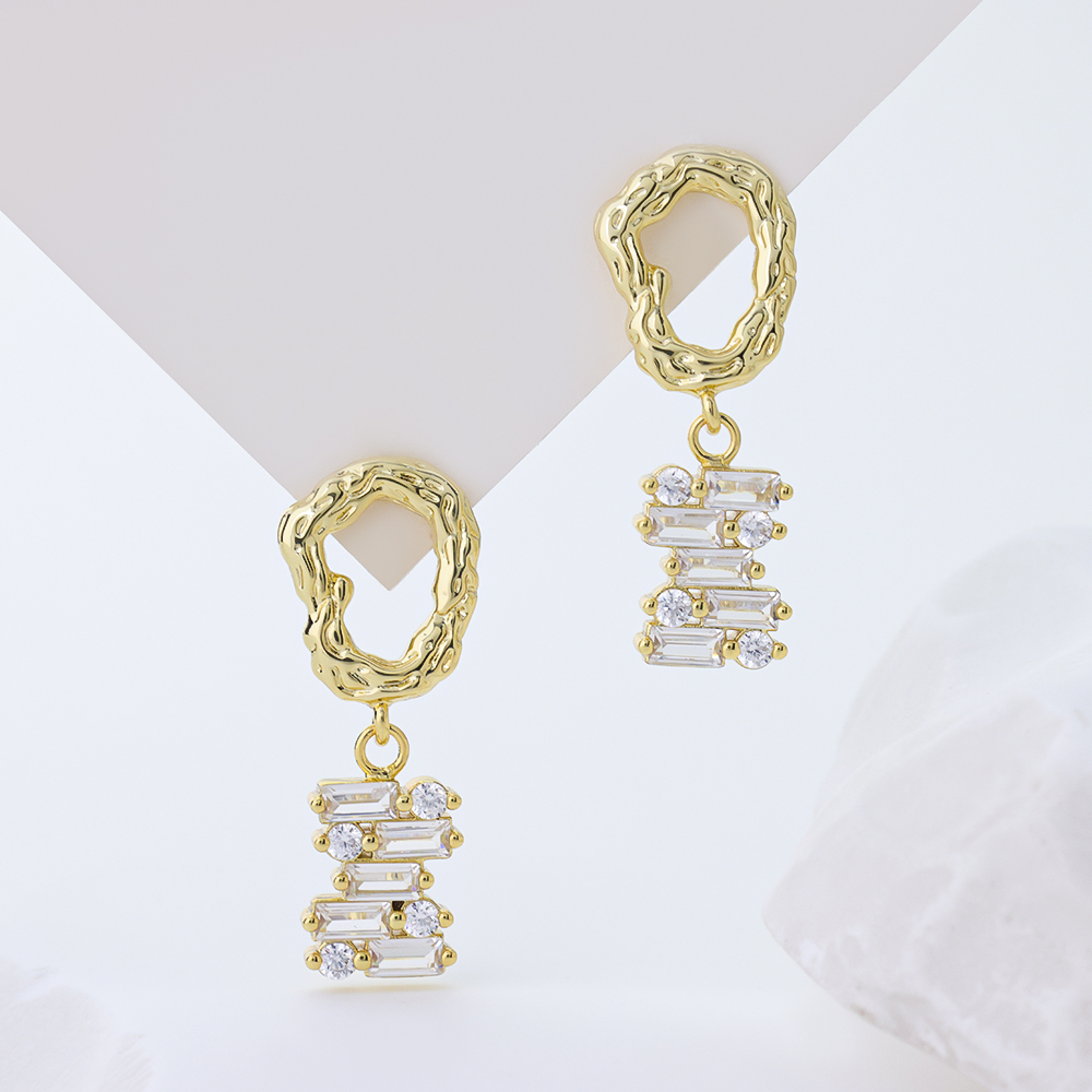 925 Sterling Silver Gold-Plated Textured Hoop Earrings with Geometric Baguette & Round Cubic Zirconia Dangles