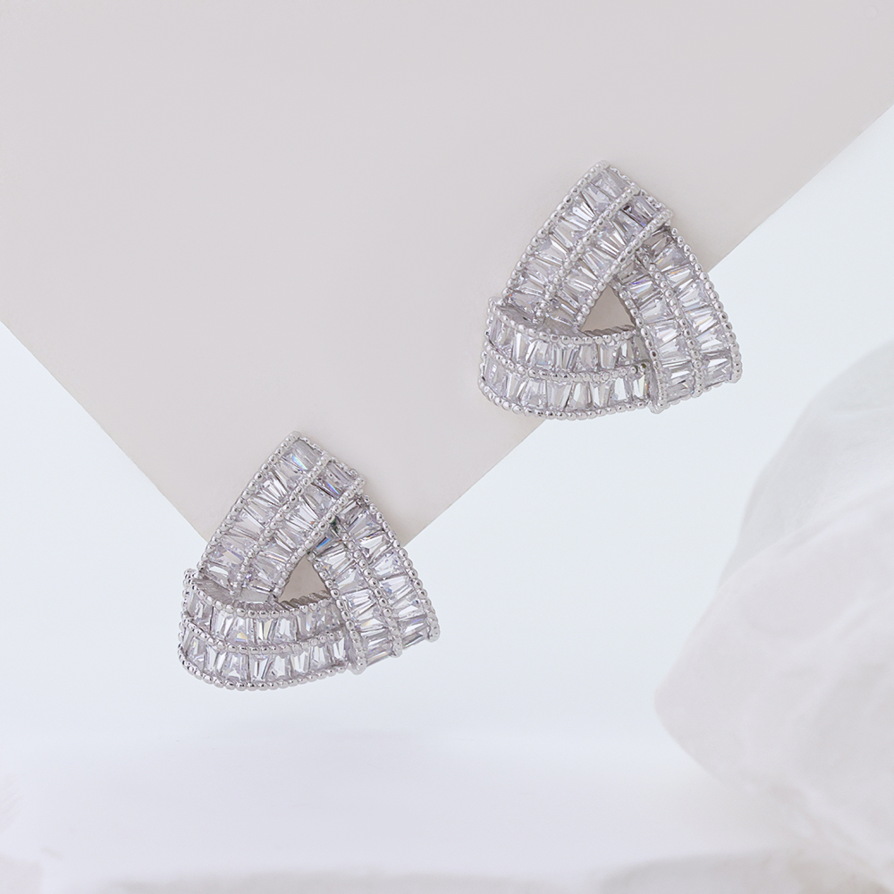 S925 Sterling Silver Twisted Triangle Baguette Zircon Stud Earrings