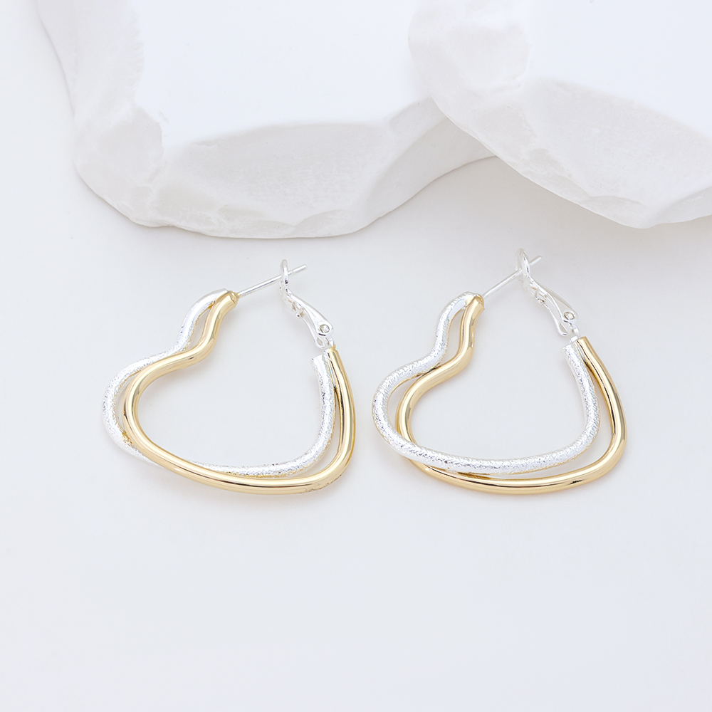Women S925 Silver Post Double‑Layer Two‑Tone Heart Hoop Earrings Textured Click‑Top Fashion Earrings