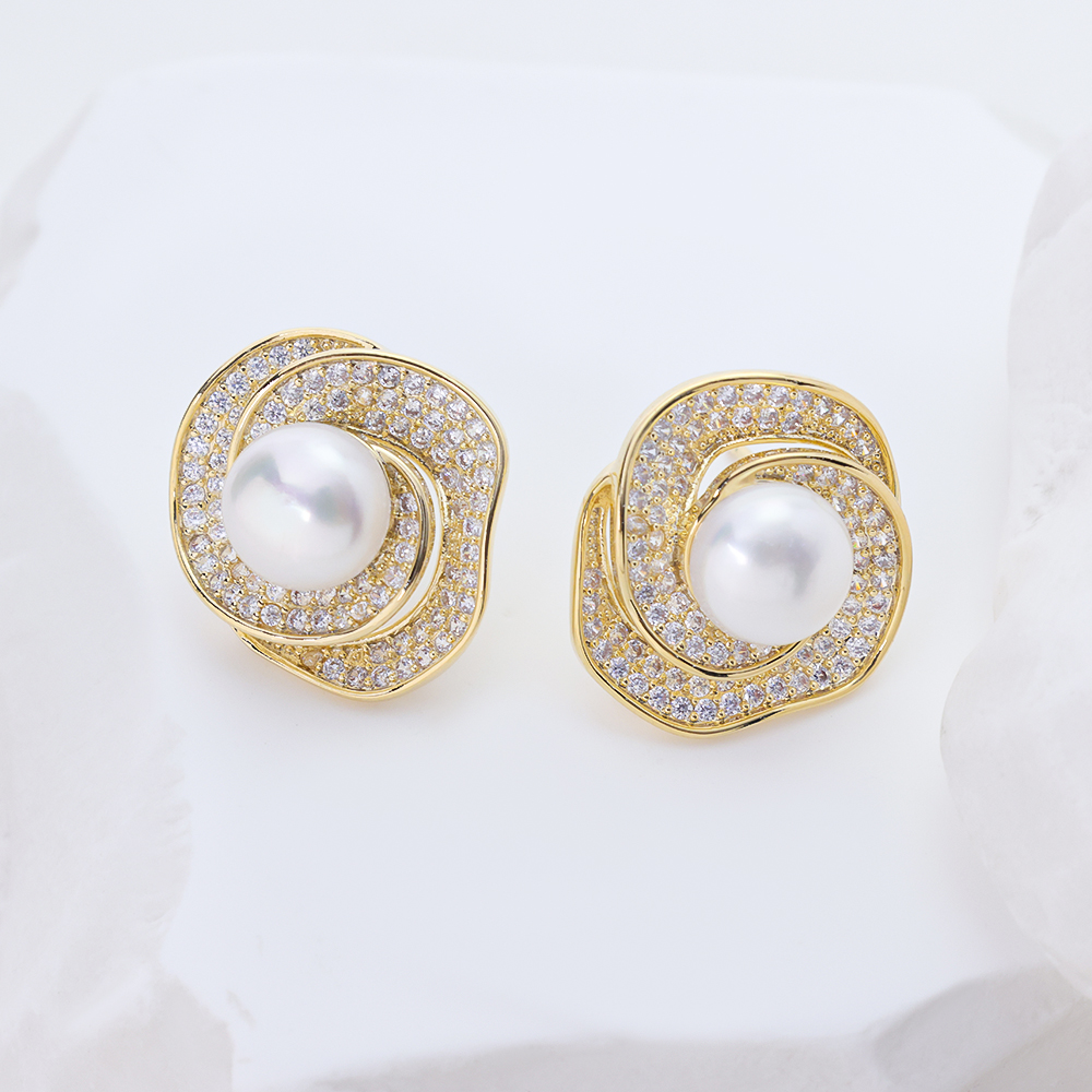 14K Gold Plated S925 Sterling Silver Pearl Stud Earrings, Paved Cubic Zirconia Swirl Flower Freshwater Pearl Statement Earrings for Women Wedding Party
