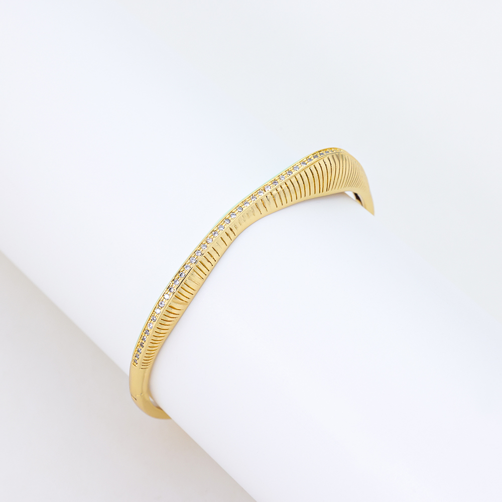 S925 Silver Gold Plated Hammered Vintage CZ Boho Bangle