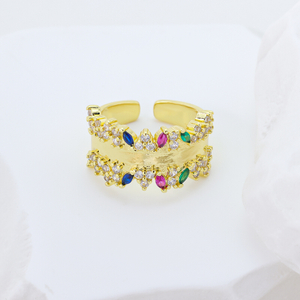 S925 Silver Gold Plated Hammered Rose Red CZ Open Ring