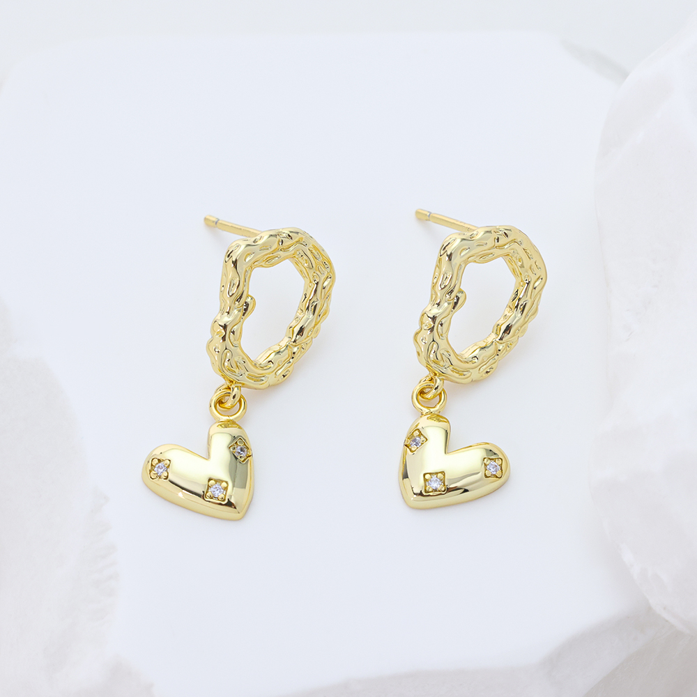 S925 Sterling Silver Hammered Hoop Heart Zircon Dangle Earrings for Women