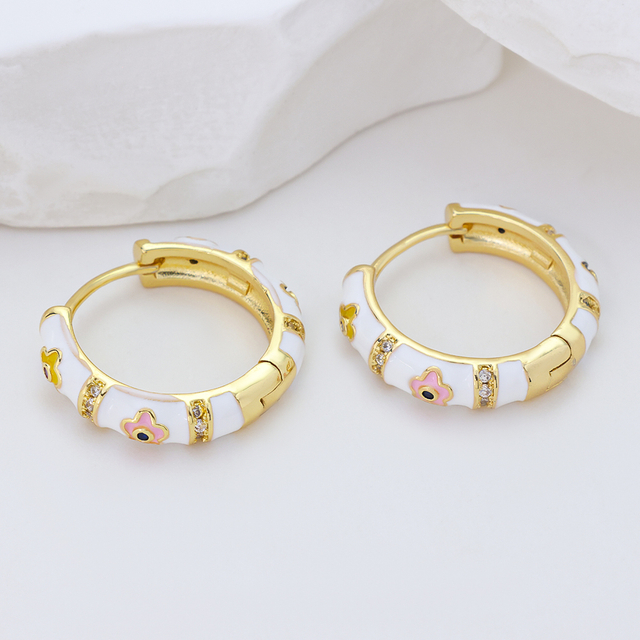 Sterling Silver Hoop Earrings for Women, White Enamel Flower Huggie Earrings with Cubic Zirconia, 14K Gold Plated Colorful Floral Jewelry for Gift