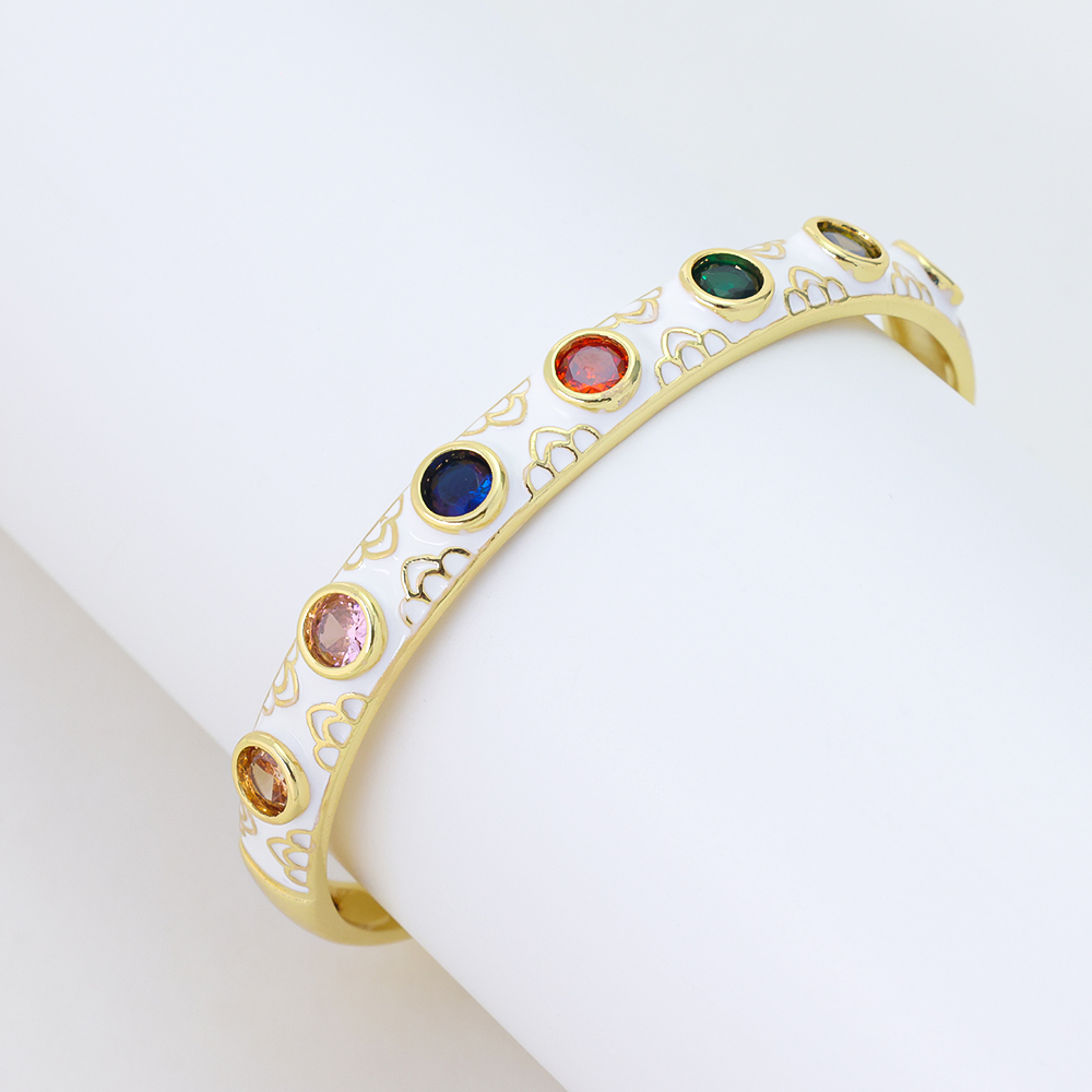Vintage Enamel Colorful Zircon Cuff Bracelet / Gold Plated White Cloisonne Bangle with Multi-color Stones