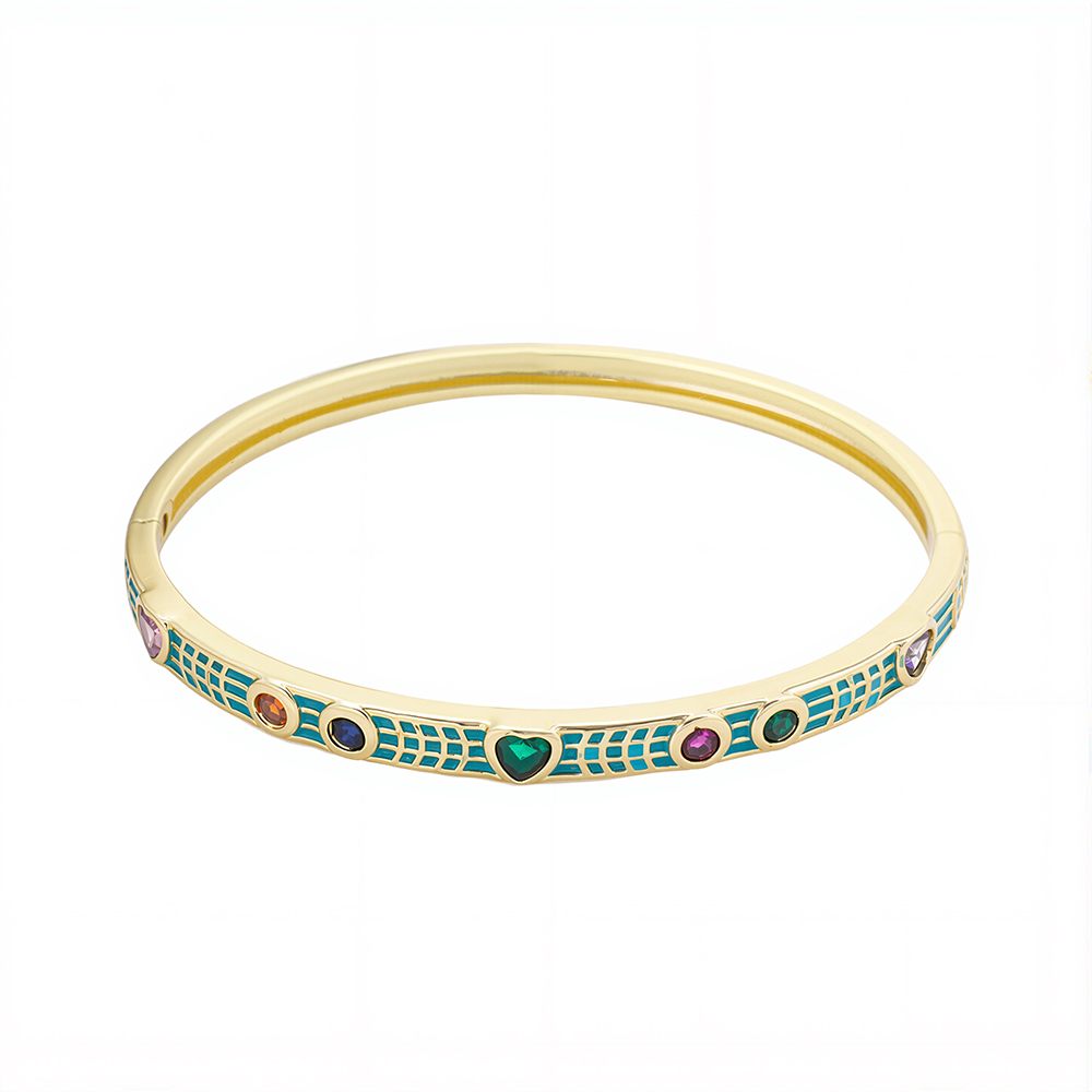 【Vintage Glam】Enamel Grid Cuff Bracelet with Gold-Plated Zircon & Heart Gemstone