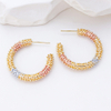 925 Sterling Silver Wheat Inspired C Hoop Earrings for Women Two Tone Beaded Open Circle Earrings Gold Pink Silver Minimalist Jewelry Gift