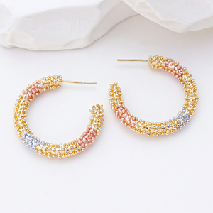 925 Sterling Silver Wheat Inspired C Hoop Earrings for Women Two Tone Beaded Open Circle Earrings Gold Pink Silver Minimalist Jewelry Gift