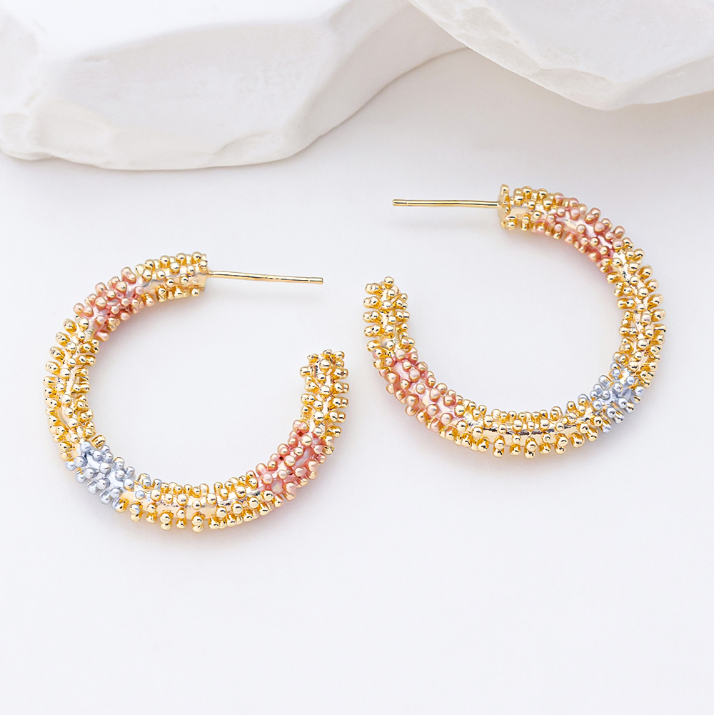 925 Sterling Silver Wheat Inspired C Hoop Earrings for Women Two Tone Beaded Open Circle Earrings Gold Pink Silver Minimalist Jewelry Gift