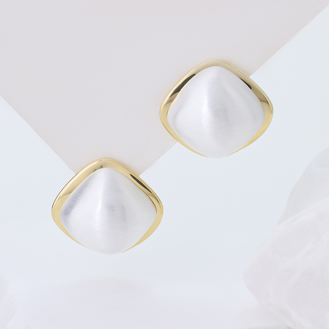 925 Sterling Silver Square Stud Earrings with Cat's Eye Pearl, Minimalist Gold Plated Jewelry for Women, Hypoallergenic Brushed Finish