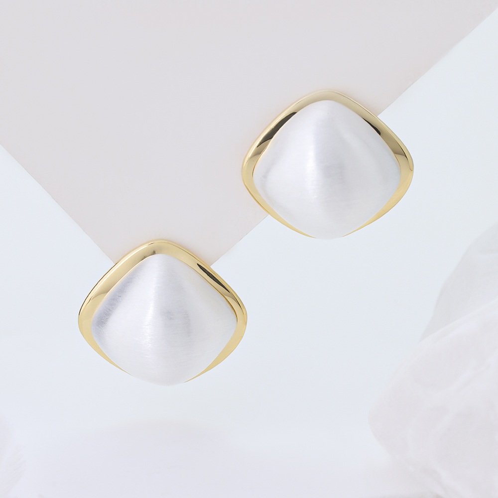 925 Sterling Silver Square Stud Earrings with Cat's Eye Pearl, Minimalist Gold Plated Jewelry for Women, Hypoallergenic Brushed Finish